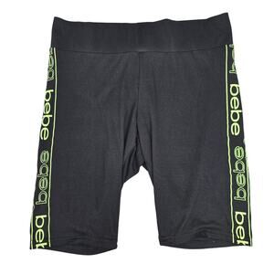 bebe Biker Shorts Womens Medium Black Green Logo Spellout Side Stripe Stretch